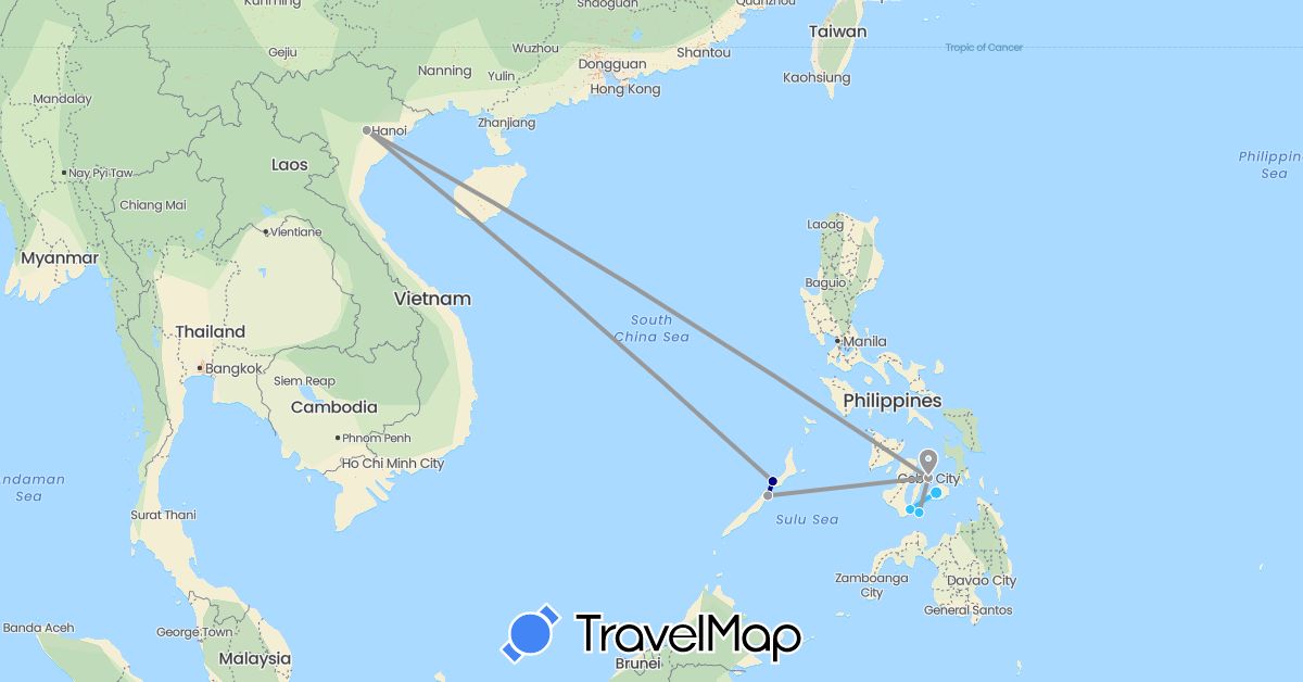 TravelMap itinerary: driving, plane, boat in Philippines, Vietnam (Asia)